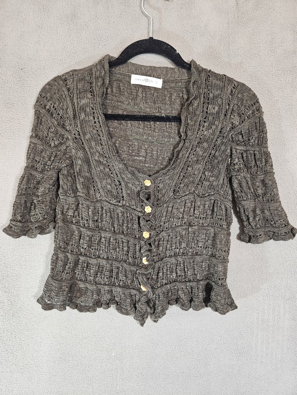 Natural Life Womens S Cardigan Shrug Dark Green Knit Lettuce Trim Button Crop